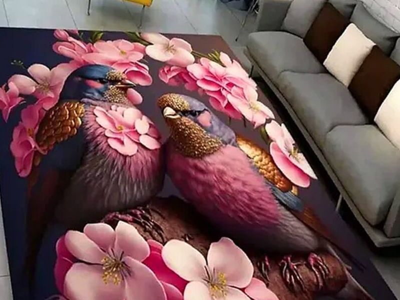 ALFOMBRA AVES CON FLORES ROSA  