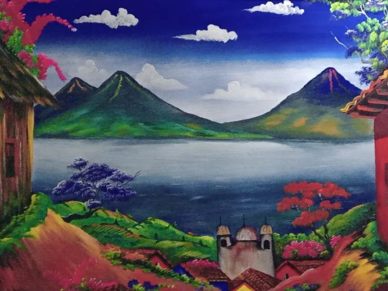 Cuadro pintura lago Guatemala